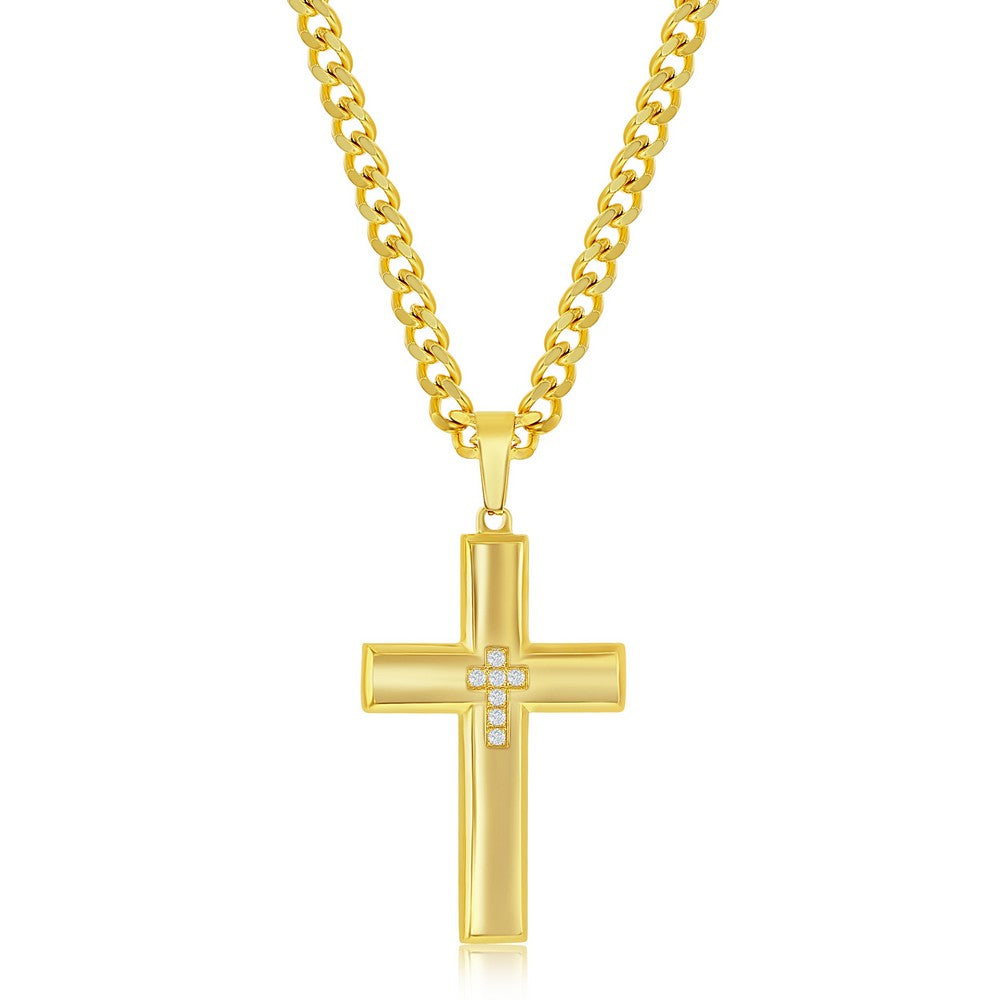 Stainless Steel & CZ Cross Necklace - Gold Plated
