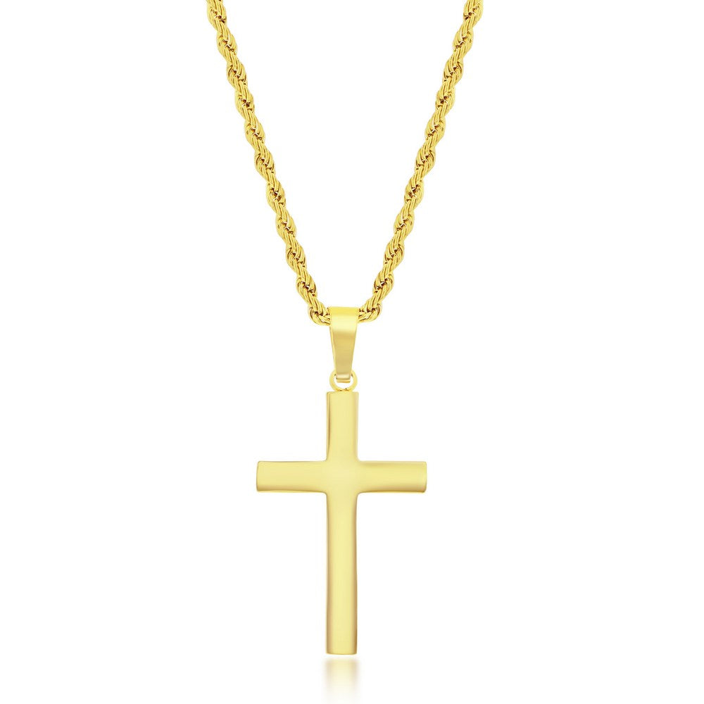 Stainless Steel Polished Cross Necklace - Gold Plated