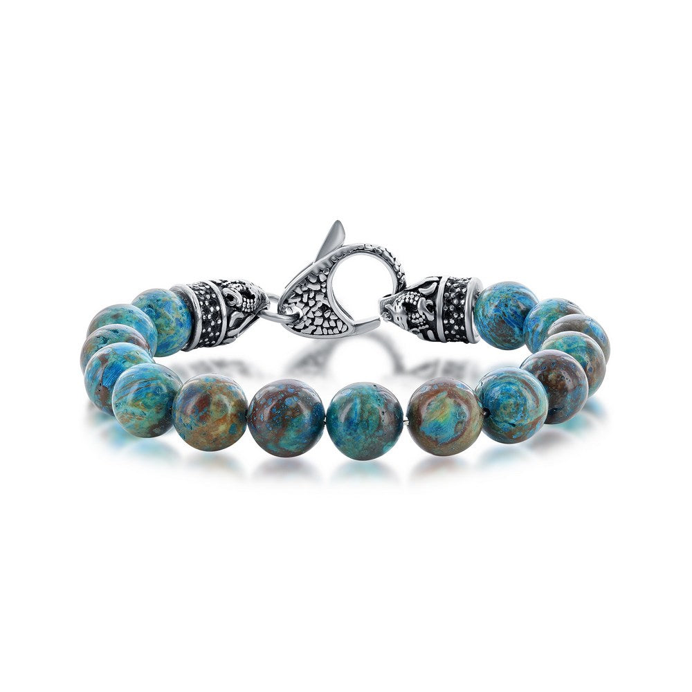Stainless Steel Genuine 10mm Apatite Stone W/ Black CZ Bracelet