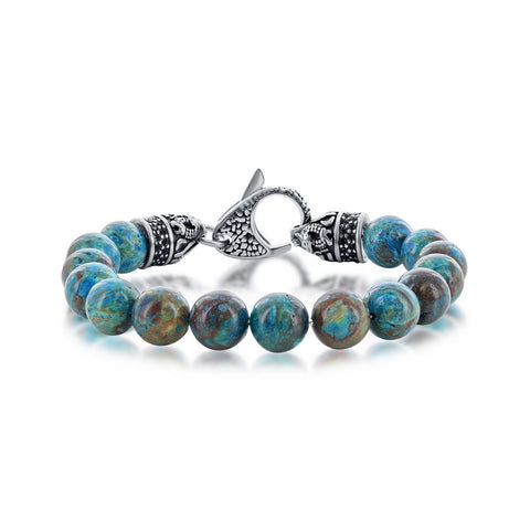 Stainless Steel Genuine 10mm Apatite Stone W/ Black CZ Bracelet
